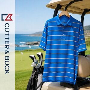 Cutter & Buck Mens 3XL Blue Striped Performance Golf Polo Stretch Short Sleeve